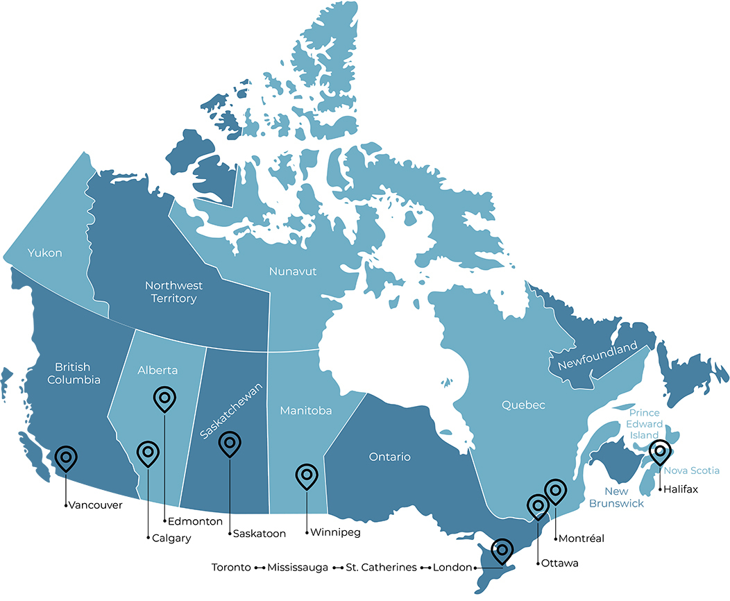 A map of Canada indicating the locations of Homewood offices.