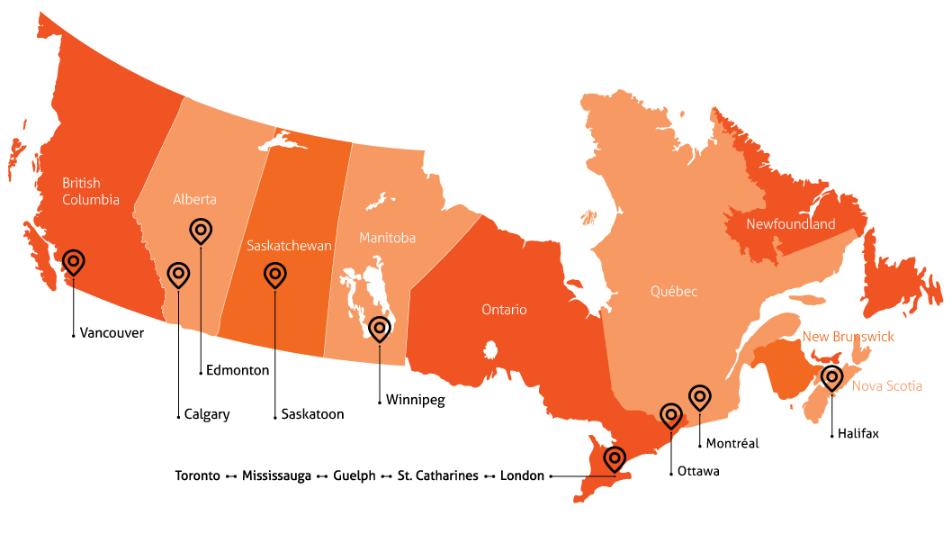 Carte du Canada indiquant les emplacements des bureaux de Homewood.